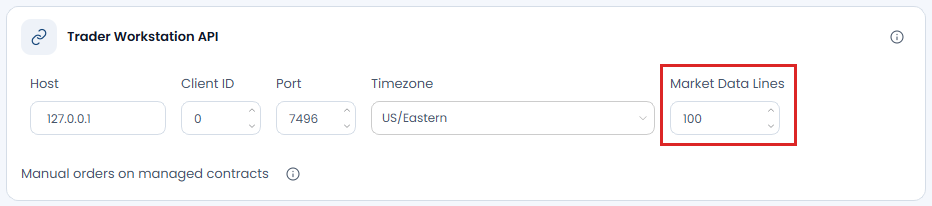 Screenshot der OptionsApp, TWS API Einstellungen: 5 Market Data Lines