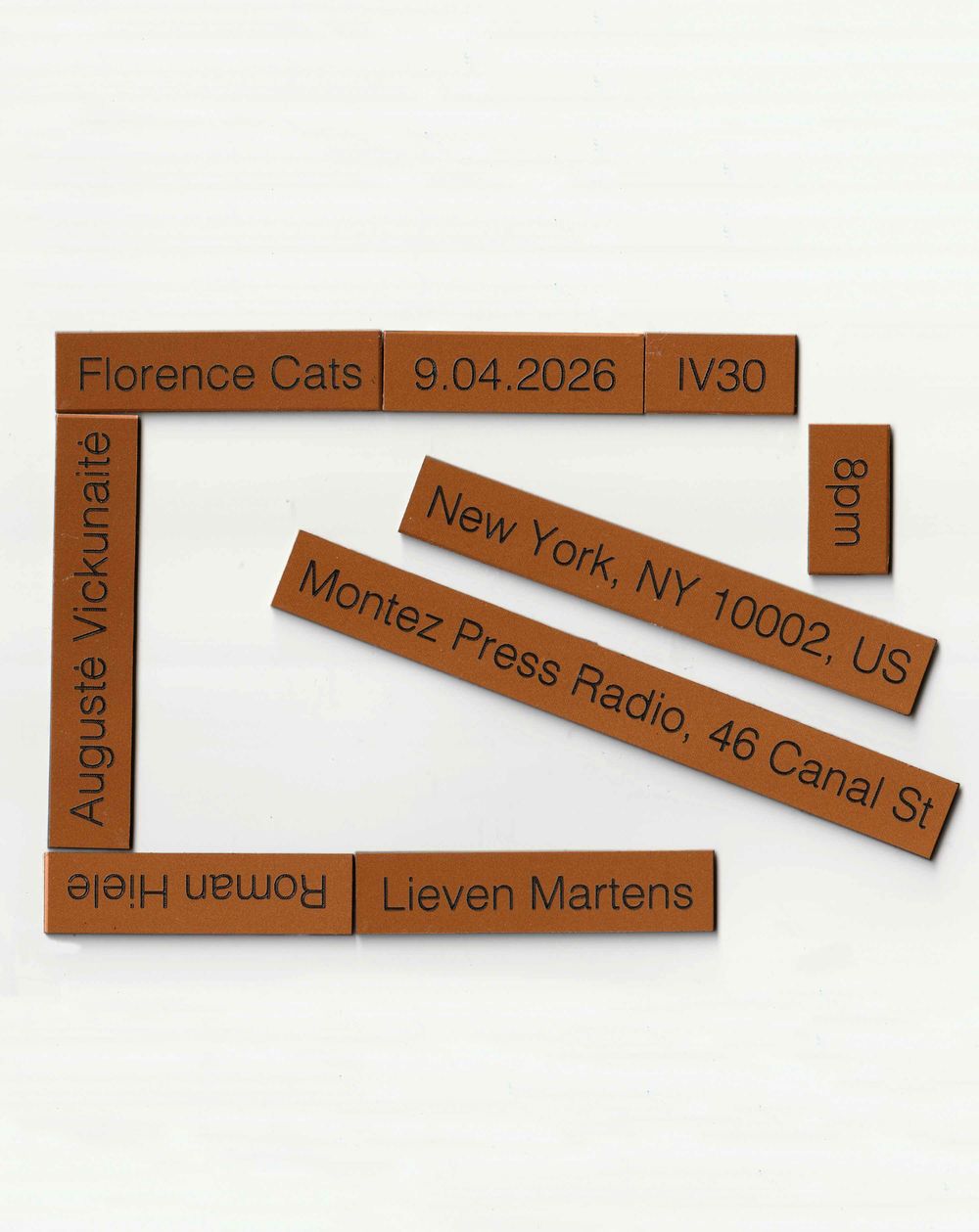 event poster for IV30: Florence Cats, Roman Hiele, Lieven Martens, Augustė Vickunaitė