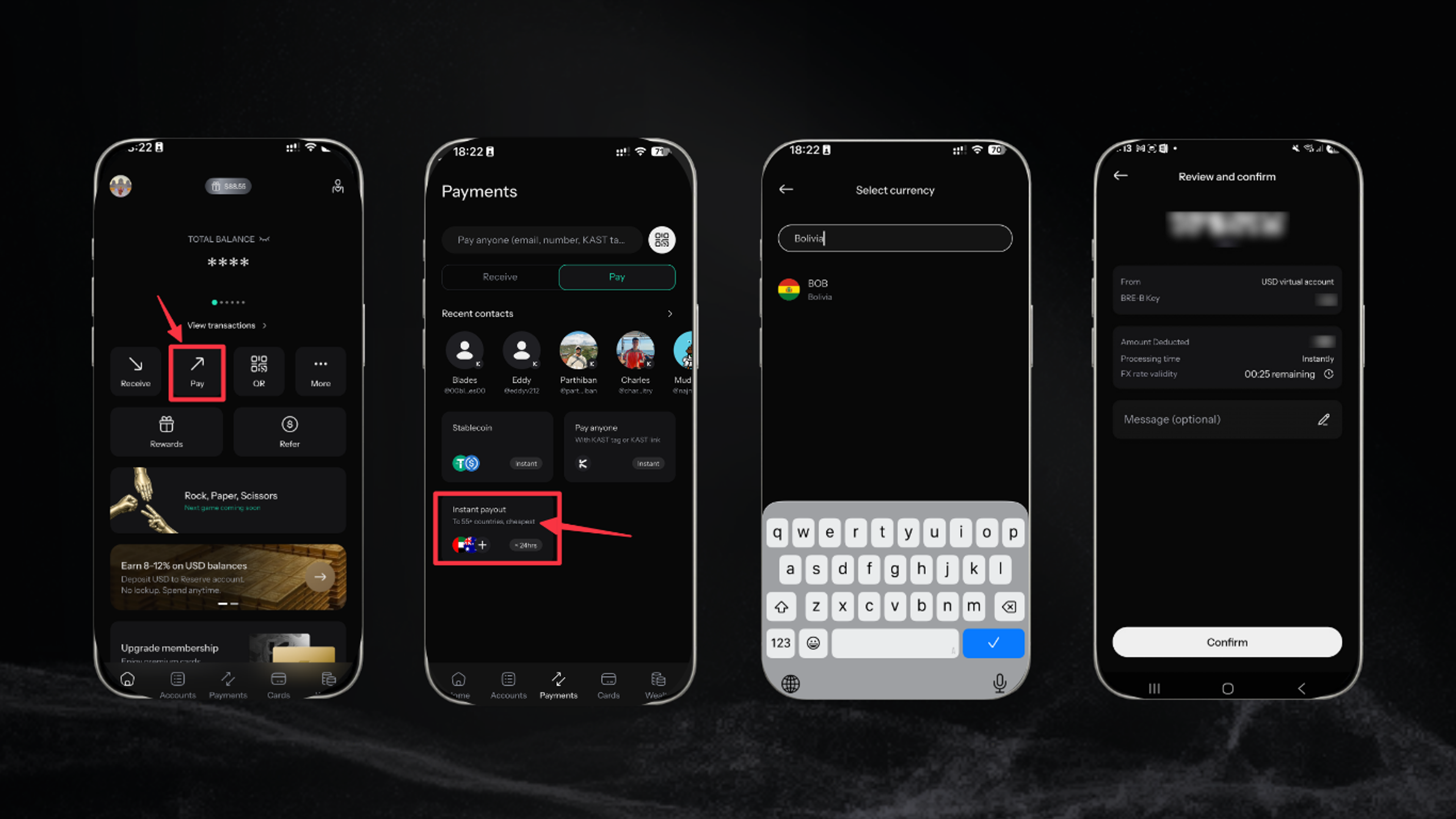 KAST app screens showing the Send flow and local payout currencies