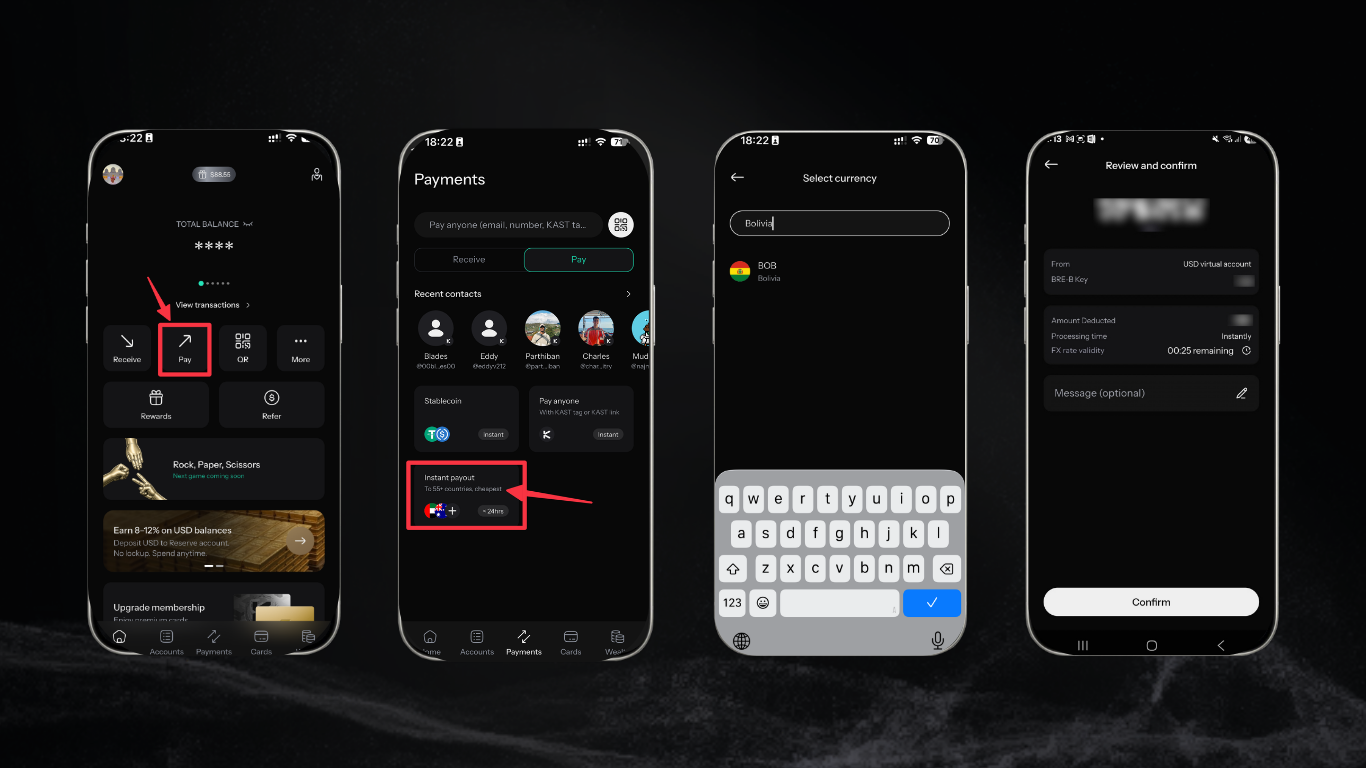 KAST app screens showing the Send flow and local payout currencies