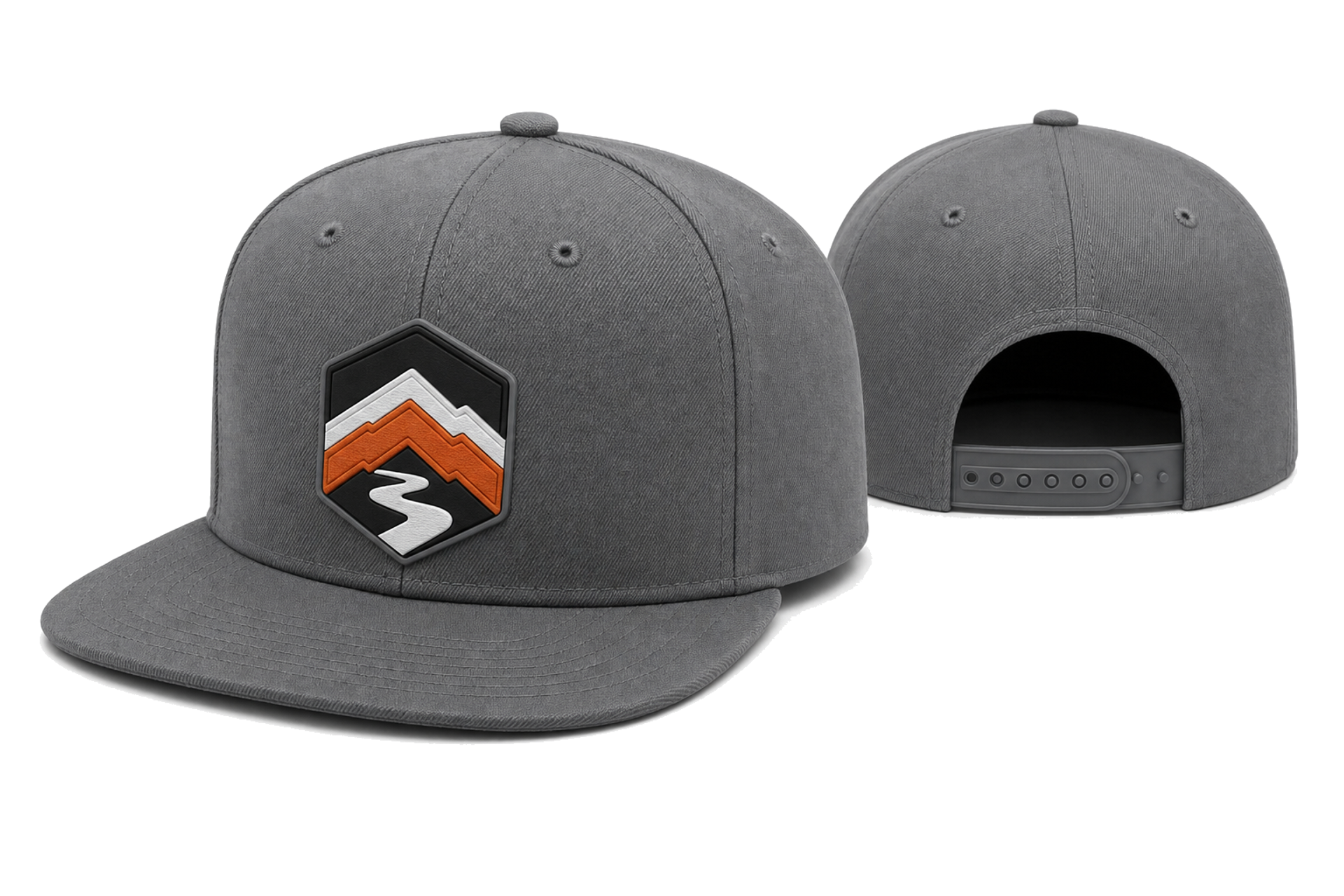 5P HFS gray 5-panel high profile flat bill snapback cap front and back view with rubber patch