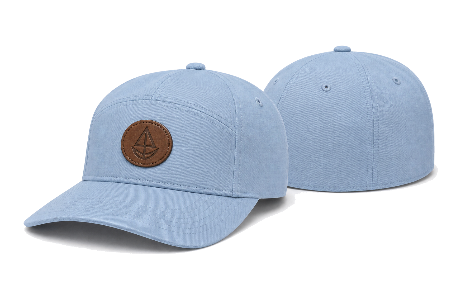 7P Fitted HSCS blue 7-panel high profile slight curved fitted cap front and back view with leather patch
