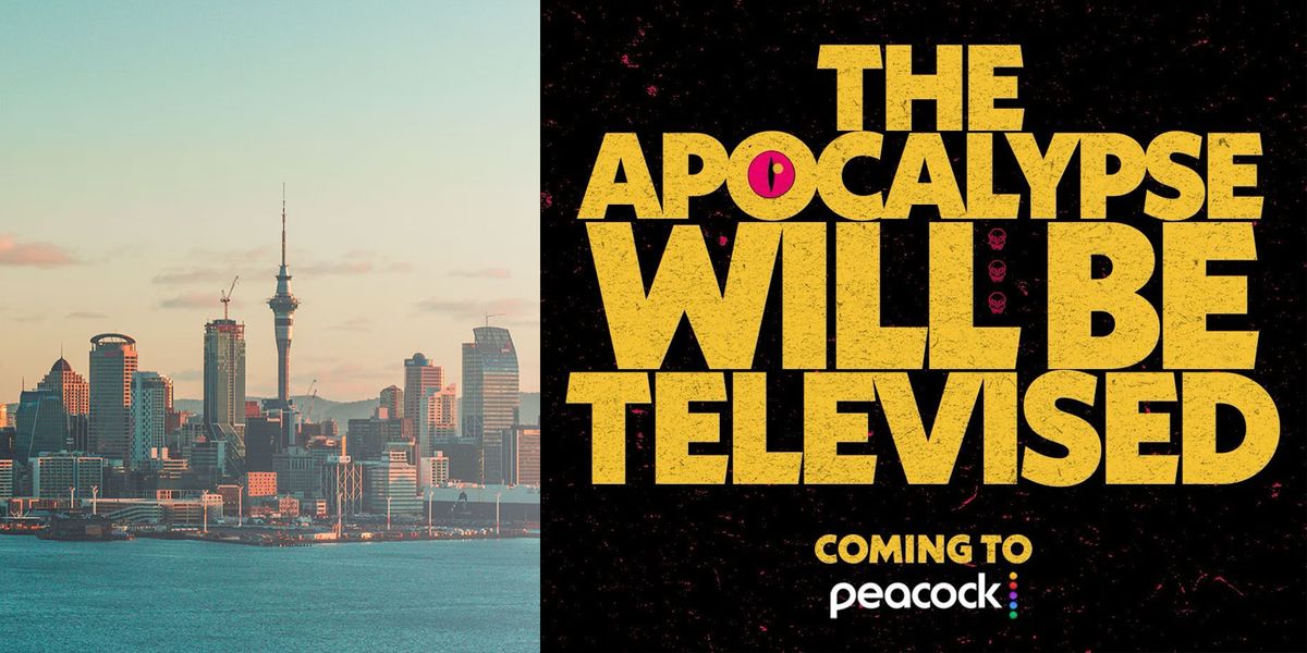 Auckland, New Zealand skyline with the Sky Tower at sunset, beside Peacock’s Dungeon Crawler Carl announcement art reading “The apocalypse will be televised. Coming to Peacock.”