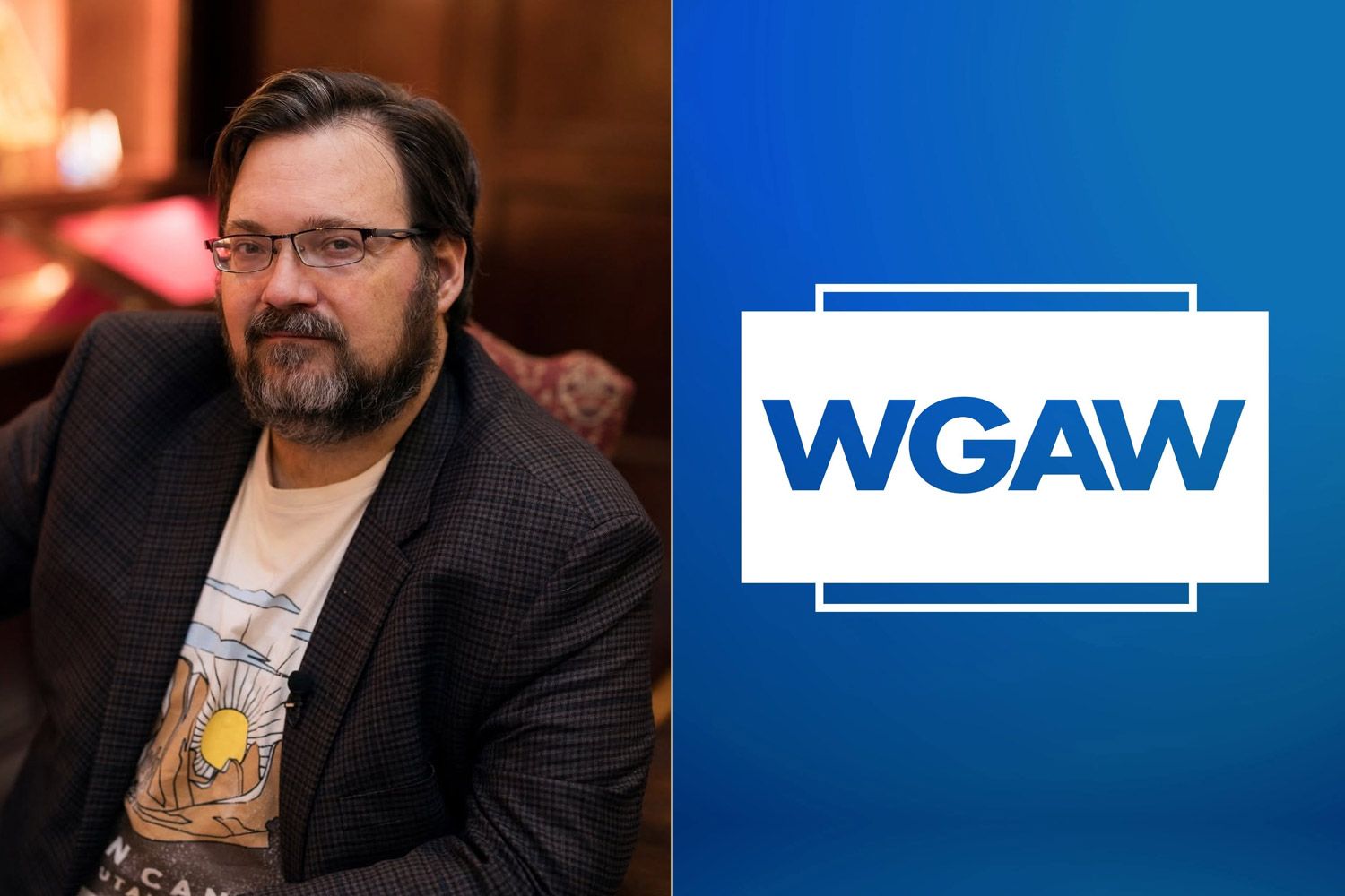 Portrait of Brandon Sanderson beside the Writers Guild of America West (WGAW) logo on a blue background.