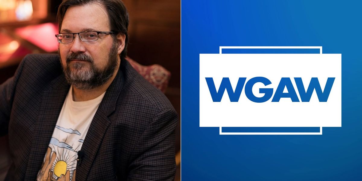 Portrait of Brandon Sanderson beside the Writers Guild of America West (WGAW) logo on a blue background.