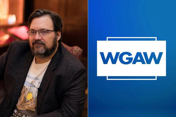 Portrait of Brandon Sanderson beside the Writers Guild of America West (WGAW) logo on a blue background.