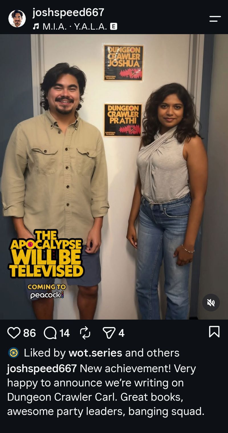 Joshua Levy and Prathi Srinivasan stand by a door with two signs reading “Dungeon Crawler Joshua” and “Dungeon Crawler Prathi,” each labeled “Supervising Producer,” beside Peacock’s “The Apocalypse Will Be Televised” graphic.