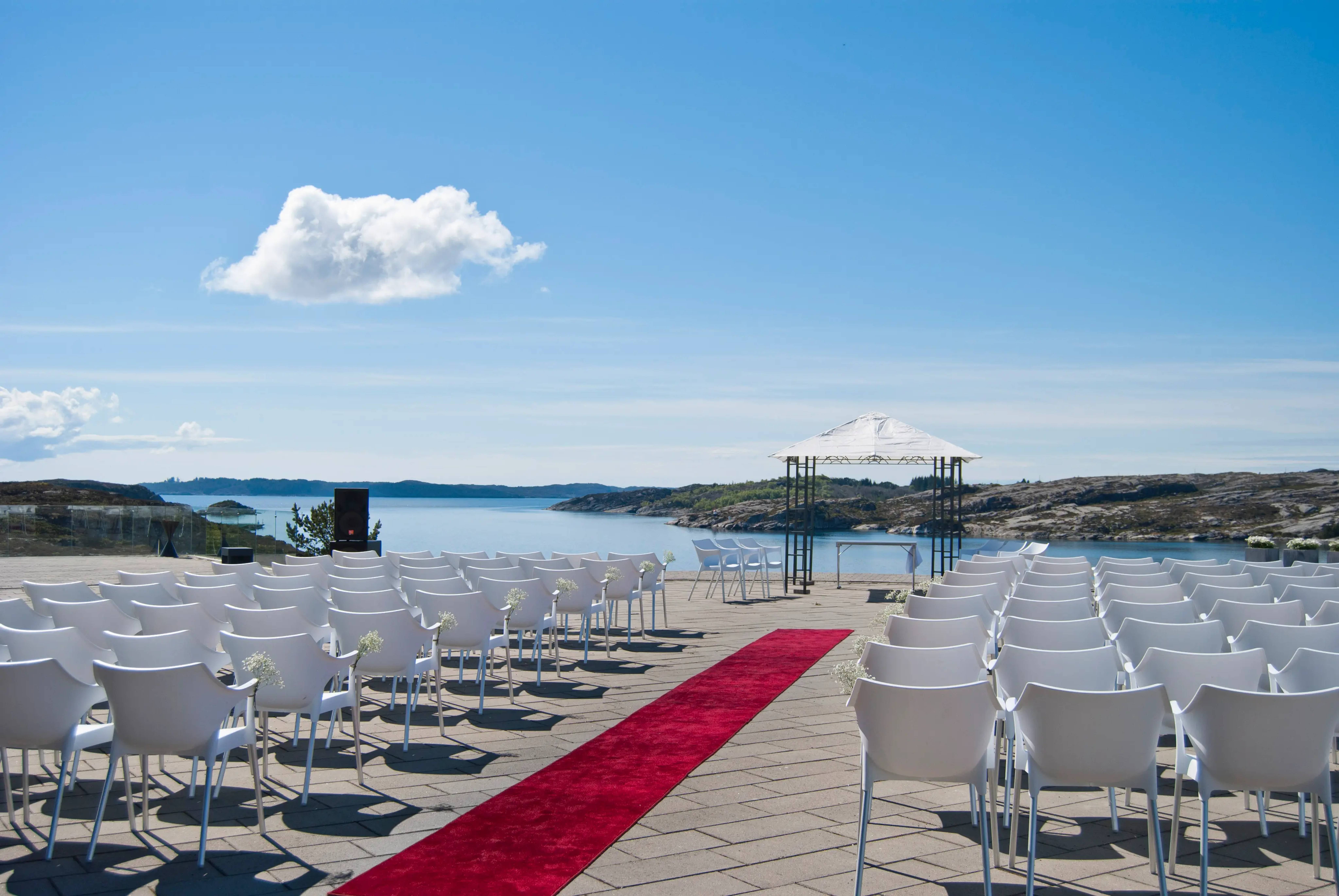 All set for a wedding cermony outside, with beautiful sea view