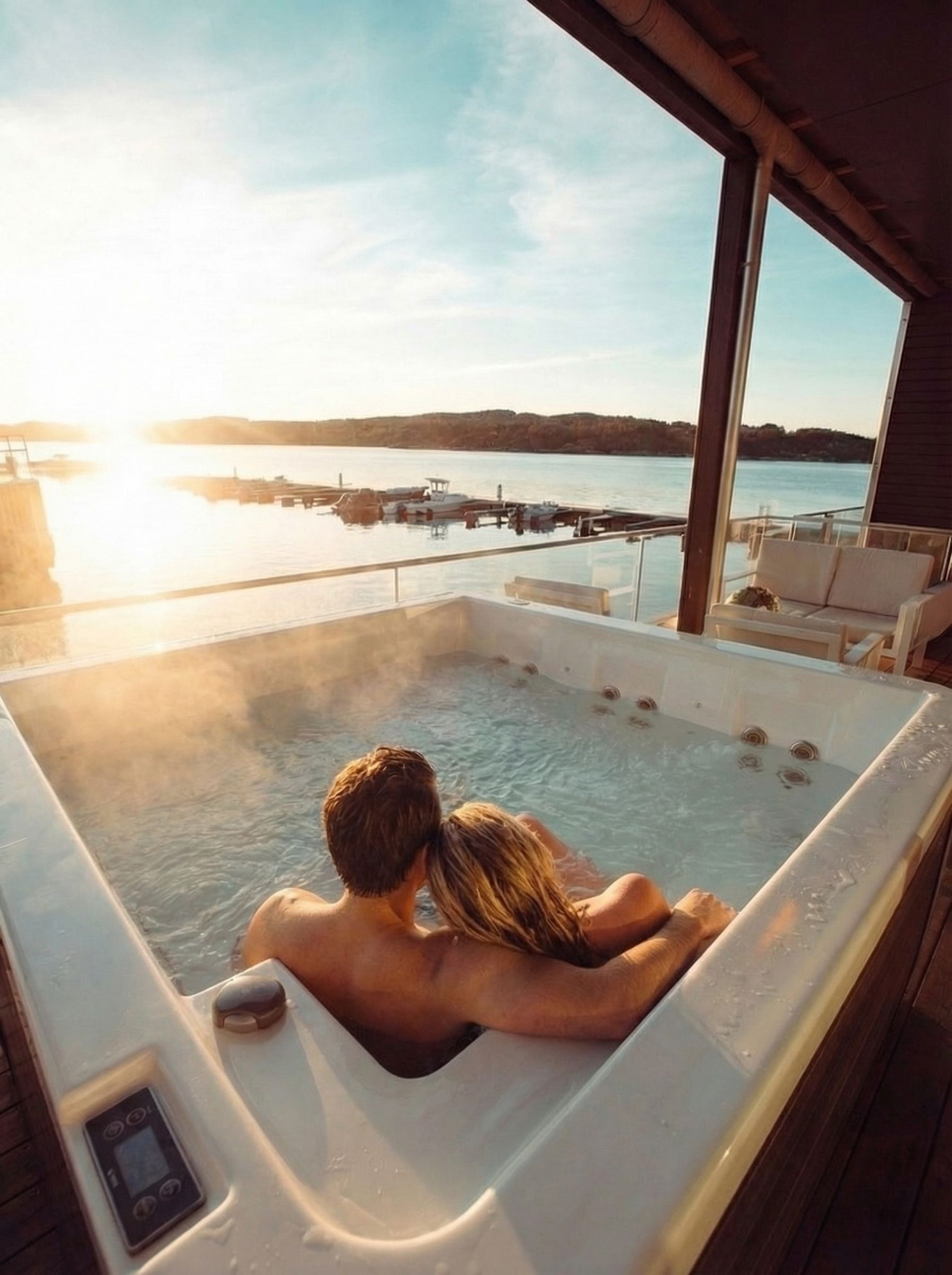 rorbu med boblebad og sjøutsikt
