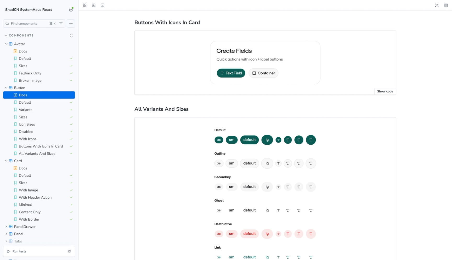 Storybook showcasing the components
