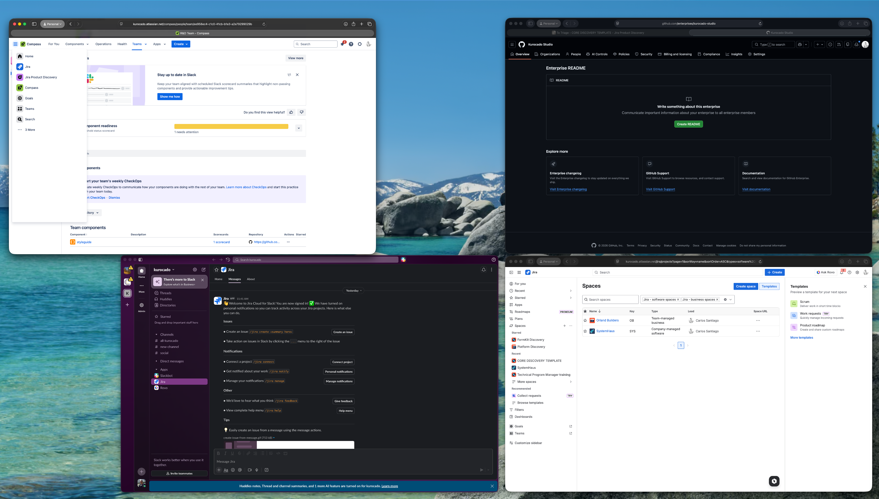 Four windows on a desktop show a web page, a code repository, a chat app, and a task manager, with a landscape background.