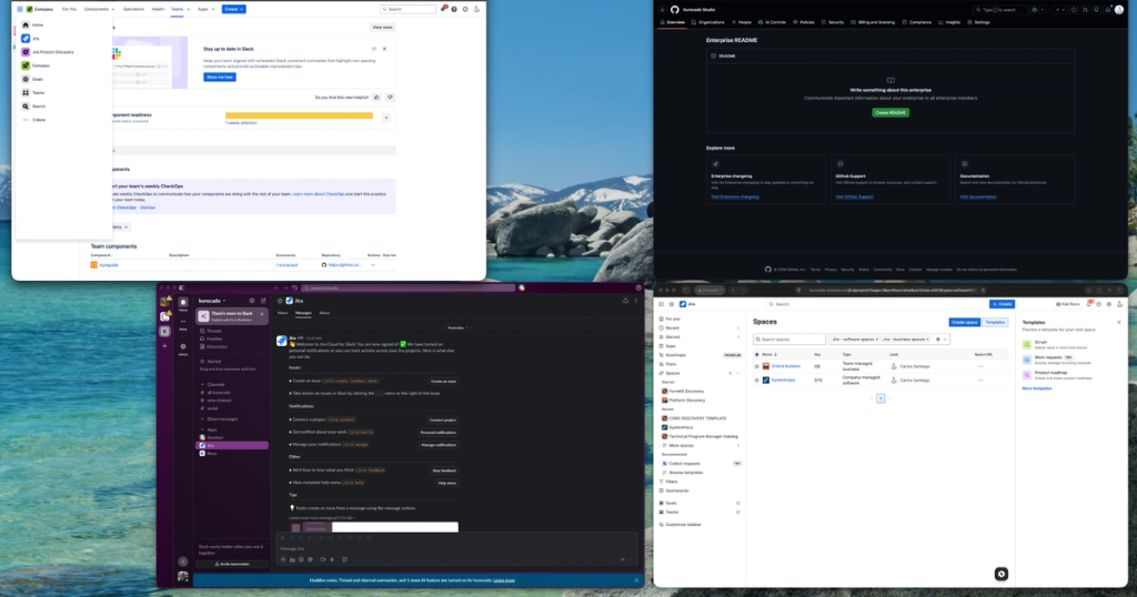 Four windows on a desktop show a web page, a code repository, a chat app, and a task manager, with a landscape background.