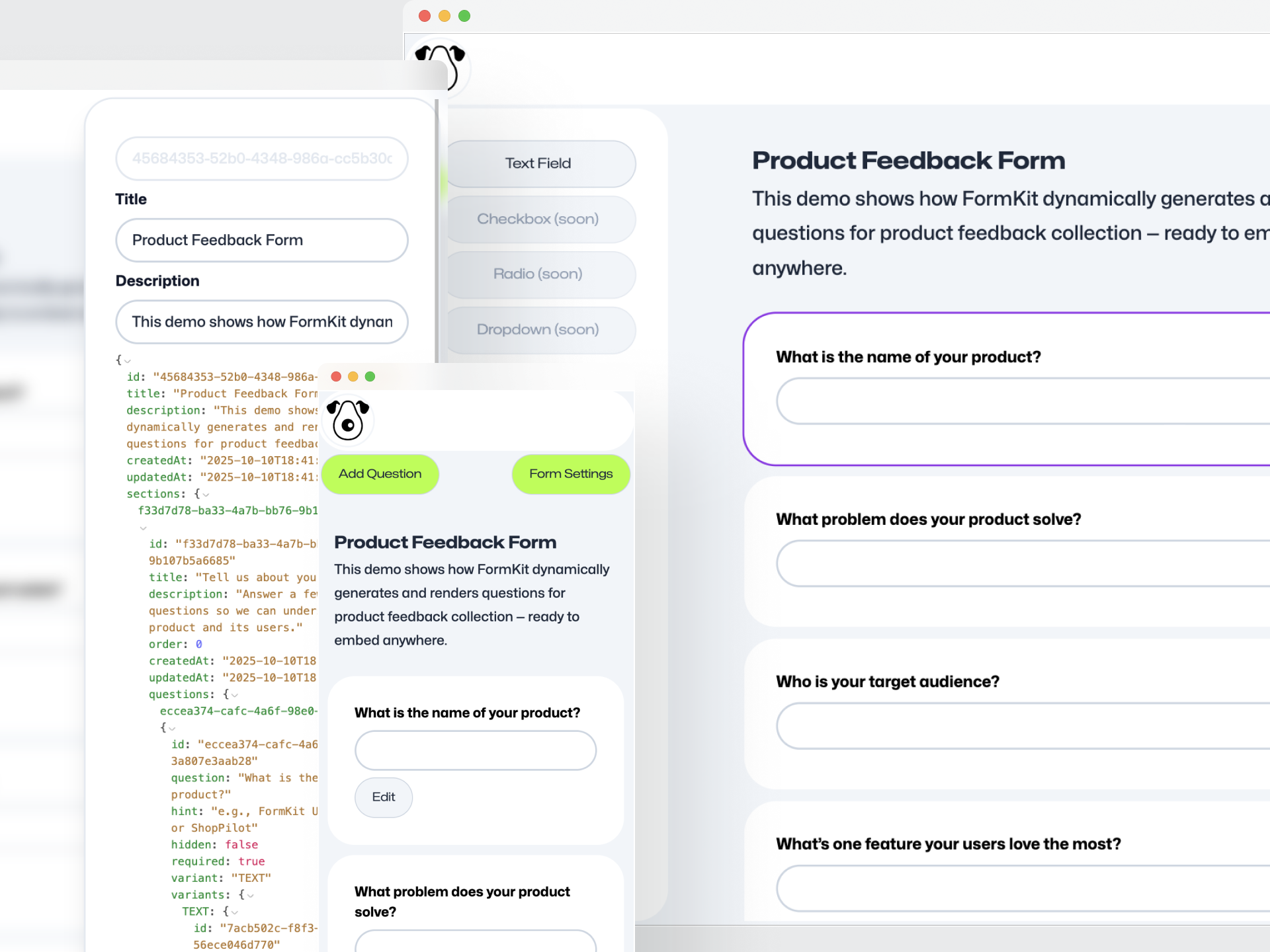 A software interface for building a "Product Feedback Form," showing editing options and a live preview of the form's questions.
