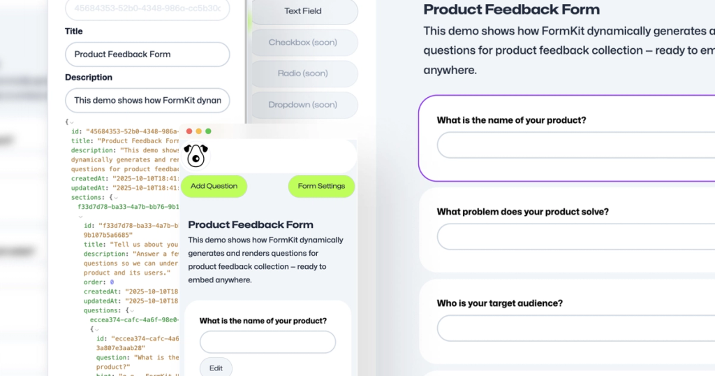 A software interface for building a "Product Feedback Form," showing editing options and a live preview of the form's questions.
