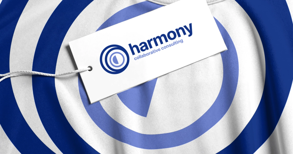 White t-shirt with blue concentric circles, featuring a Harmony collaborative consulting hang tag and a Harmony collar label.