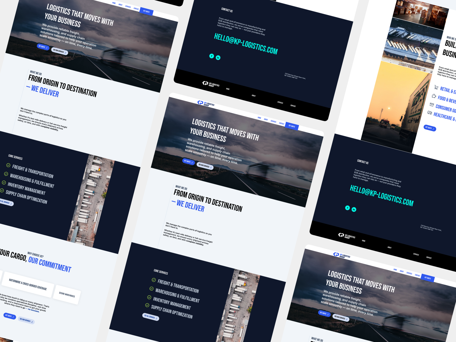 Three angled website mockups for a logistics company.