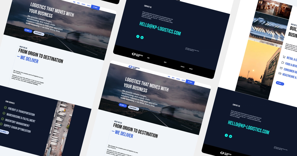Three angled website mockups for a logistics company.