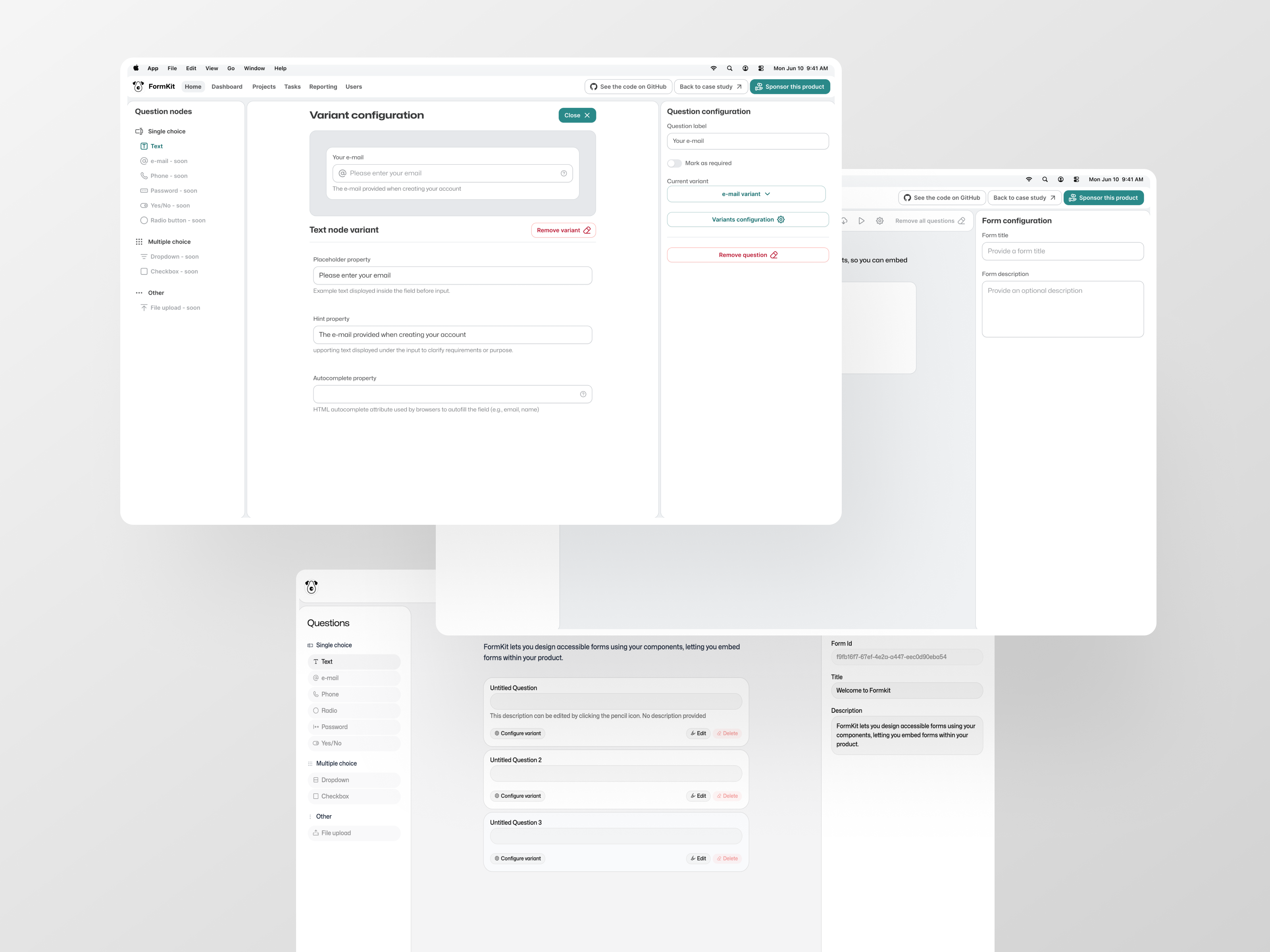 A software interface for building a "Product Feedback Form," showing editing options and a live preview of the form's questions.