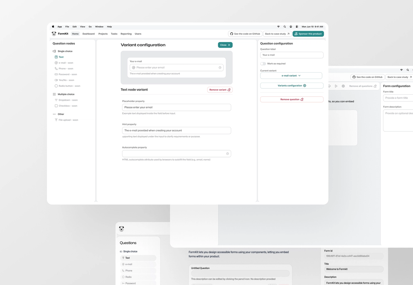 A software interface for building a "Product Feedback Form," showing editing options and a live preview of the form's questions.