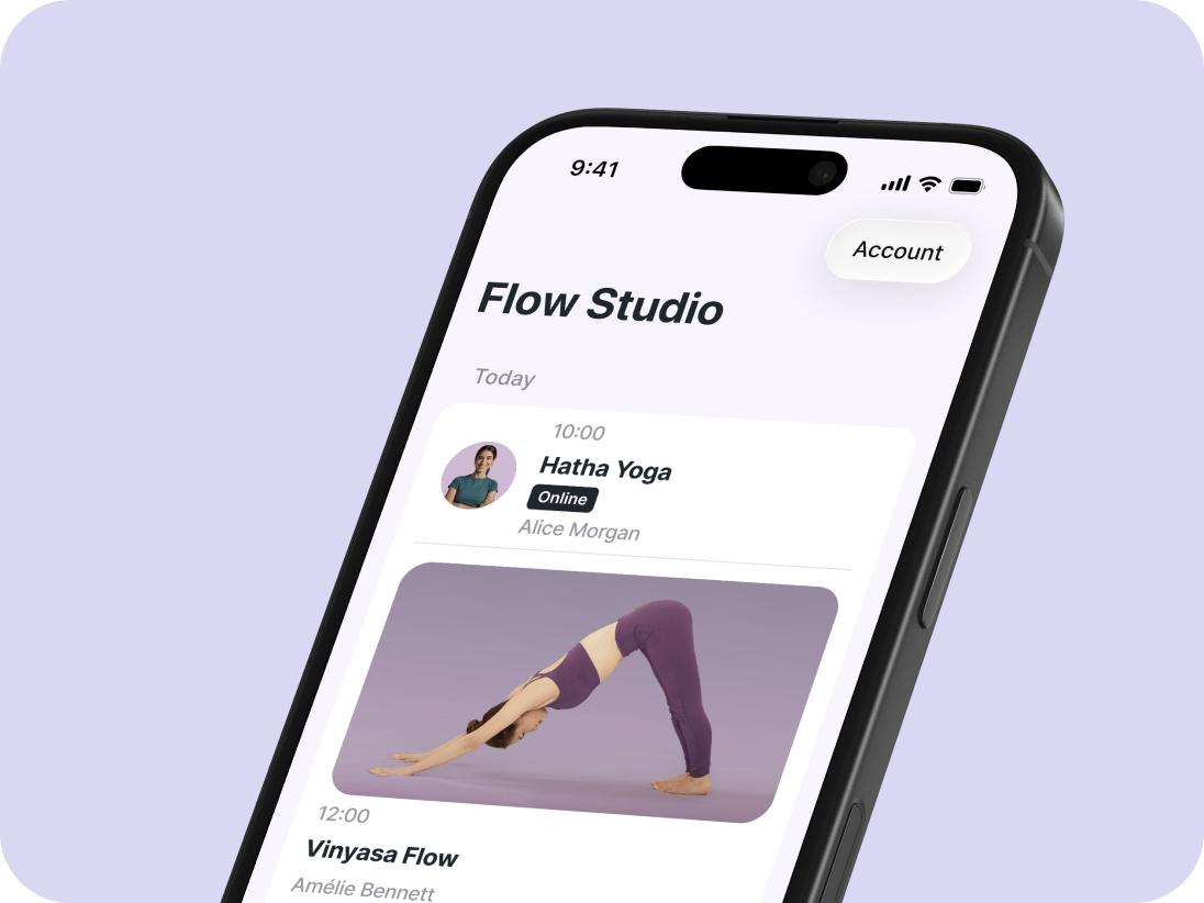 Momoyoga mobile app for students to book classes and manage memberships on the go.