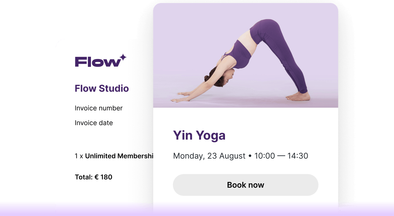 Momoyoga class card with book now button and invoice
