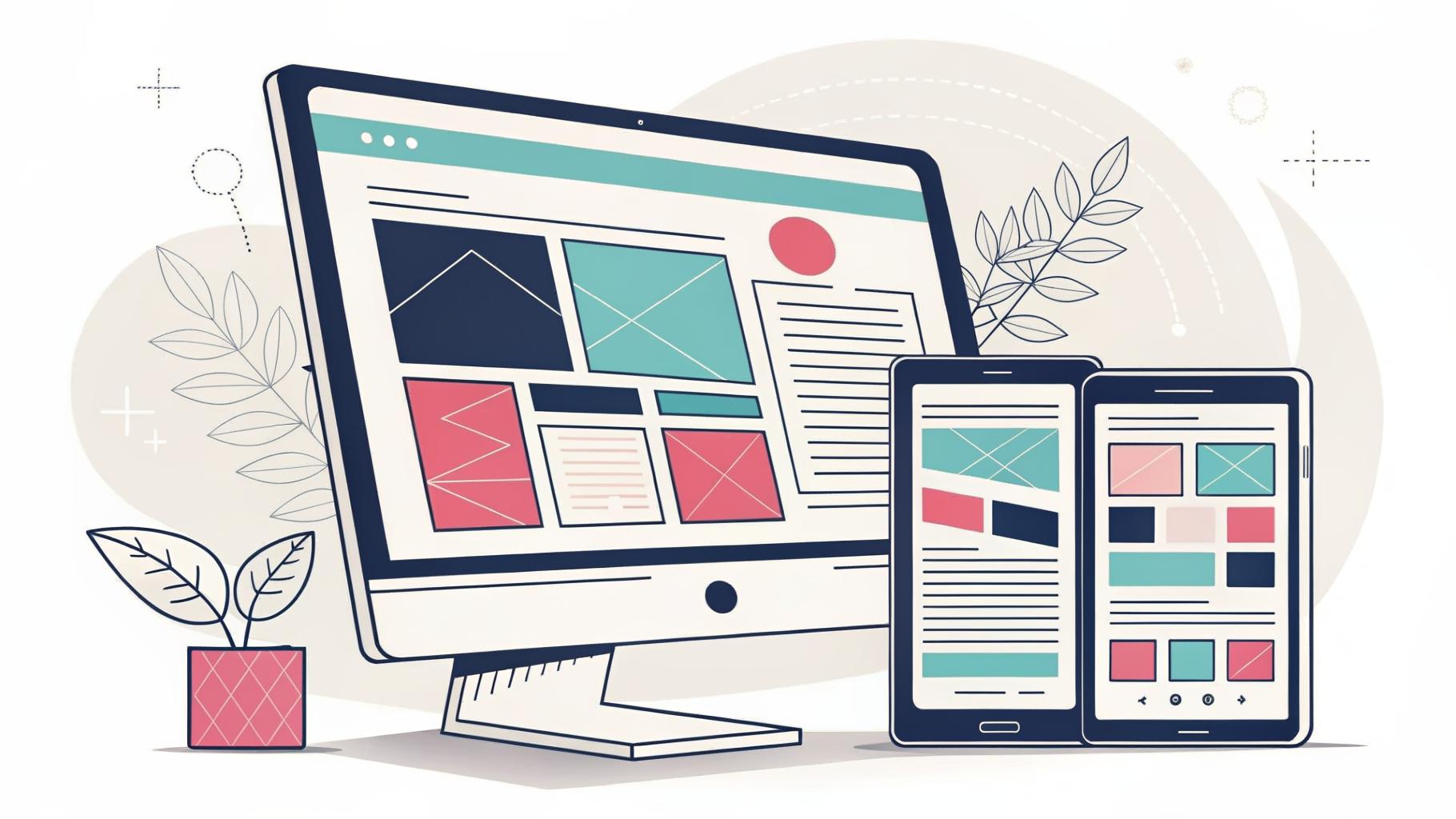 Illustration of a small business website shown across desktop, tablet and mobile screens