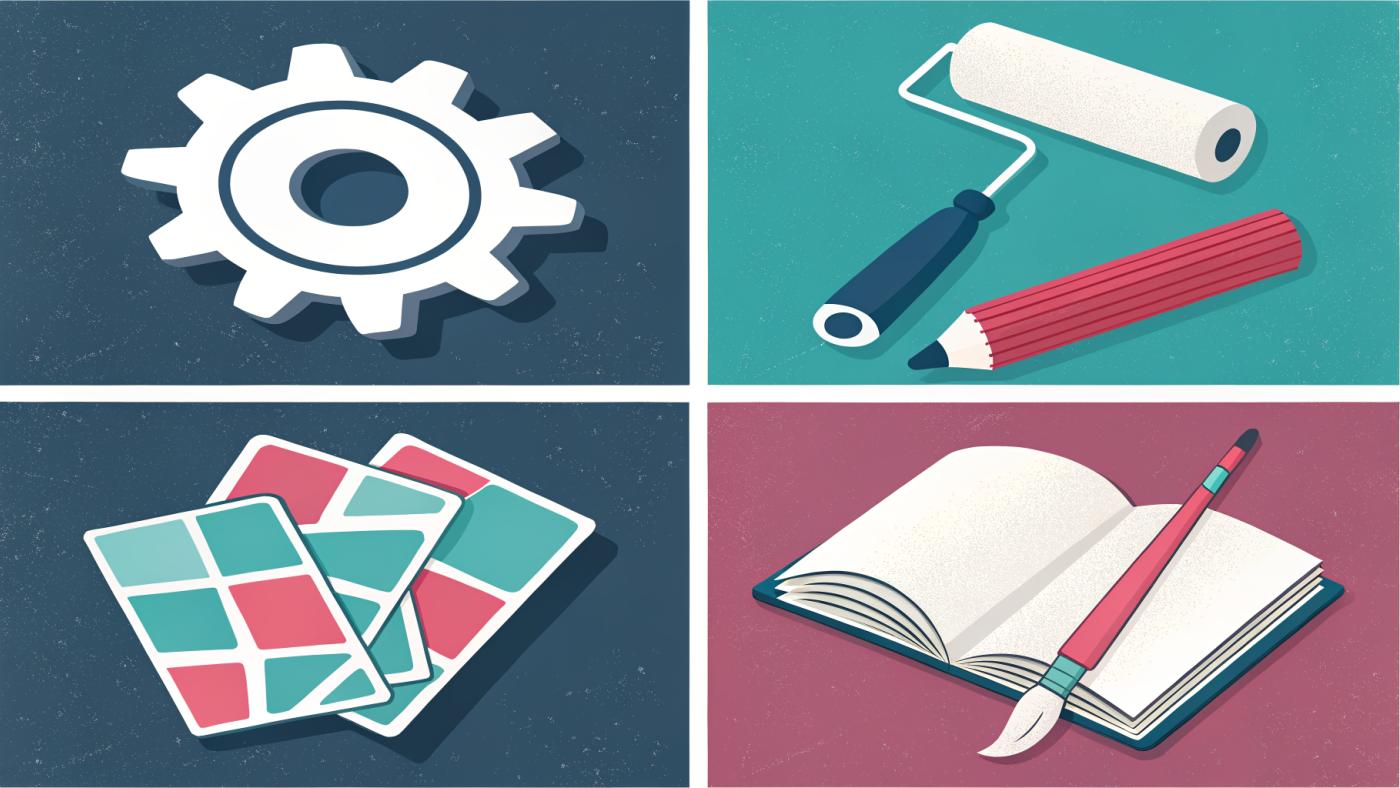Illustration of four panels holding a gear, a paint roller, a pencil and a stack of pages — functionality, design, content and size