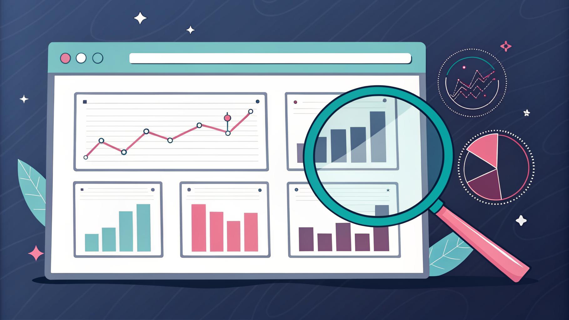 Illustration of an analytics dashboard with bar and line charts under a magnifying glass