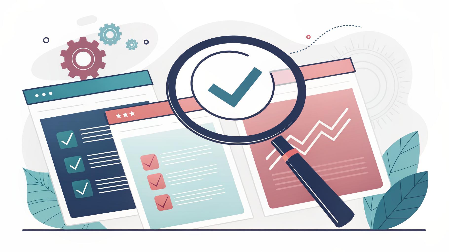 Illustration of evaluating website options with a magnifying glass and a checkmark