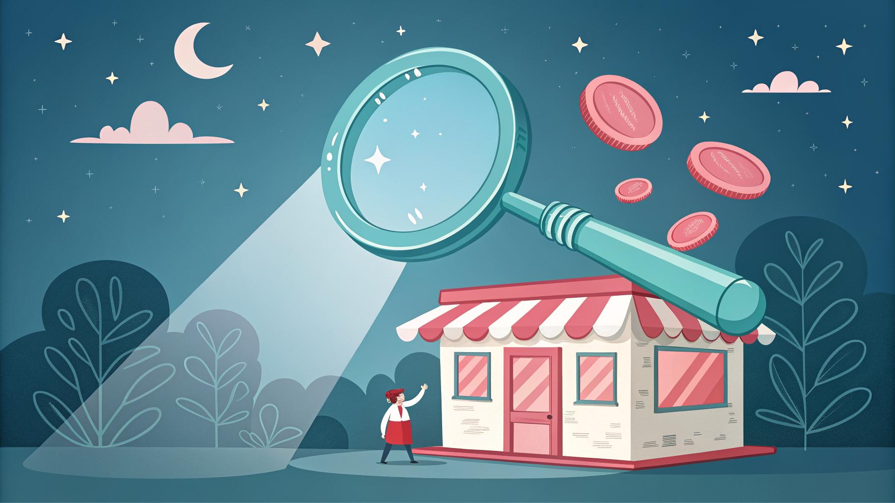 Illustration of a magnifying glass shining a spotlight on a small shop, with coins rising beside it