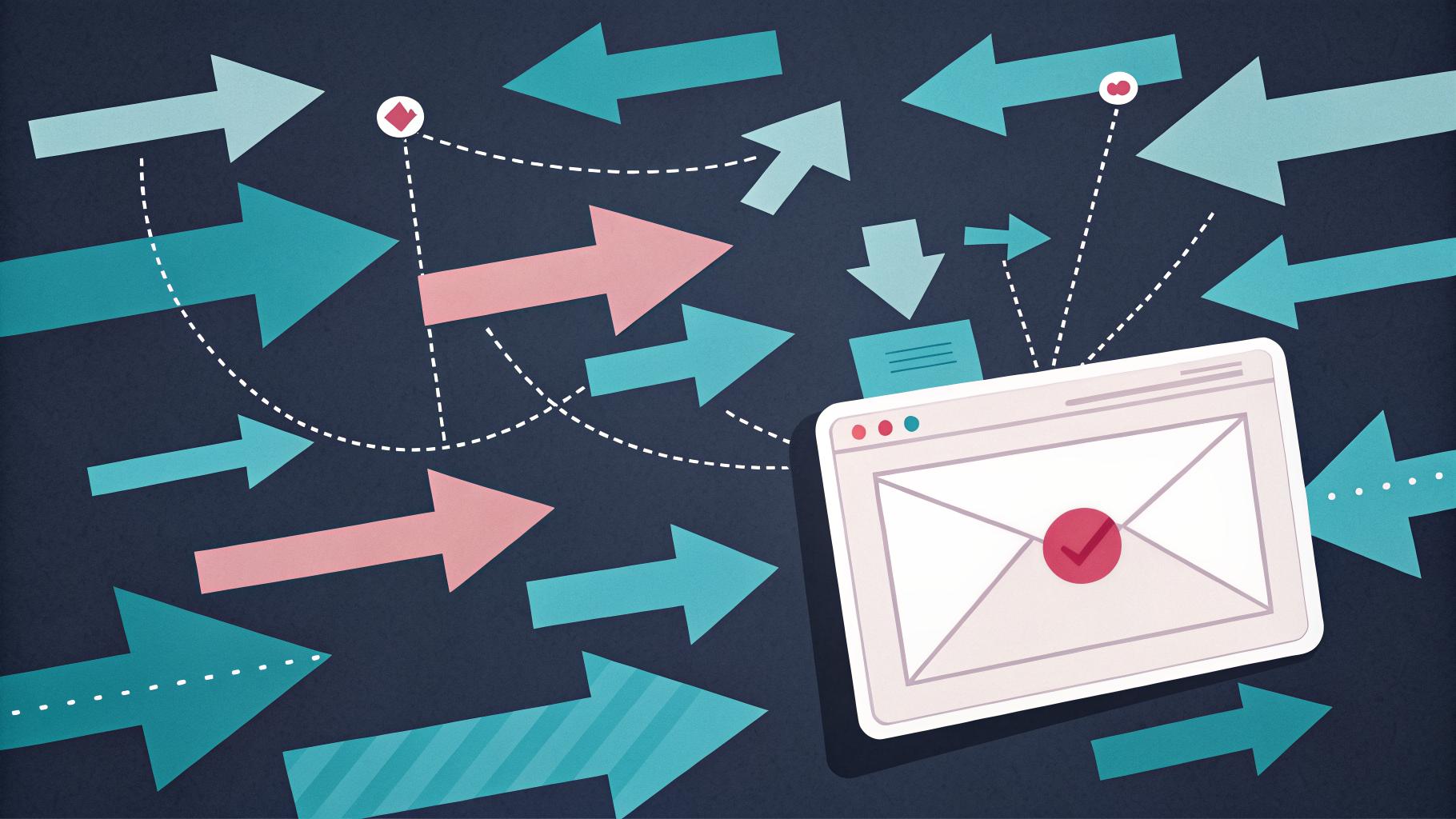 Illustration of arrows from many directions converging on one website window — traffic flowing to a single site