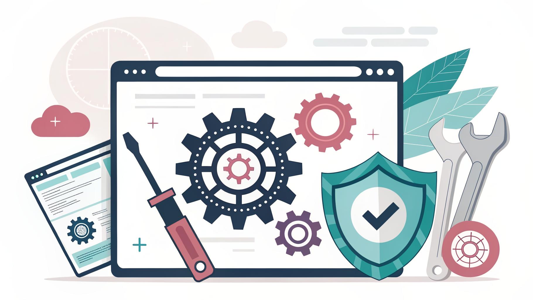 Illustration of website maintenance: a browser with gears, tools and a security shield