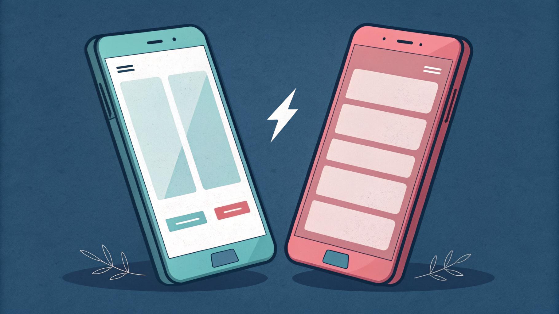 Illustration of two rival smartphones, one showing a search bar and one a social feed, with a lightning bolt between them
