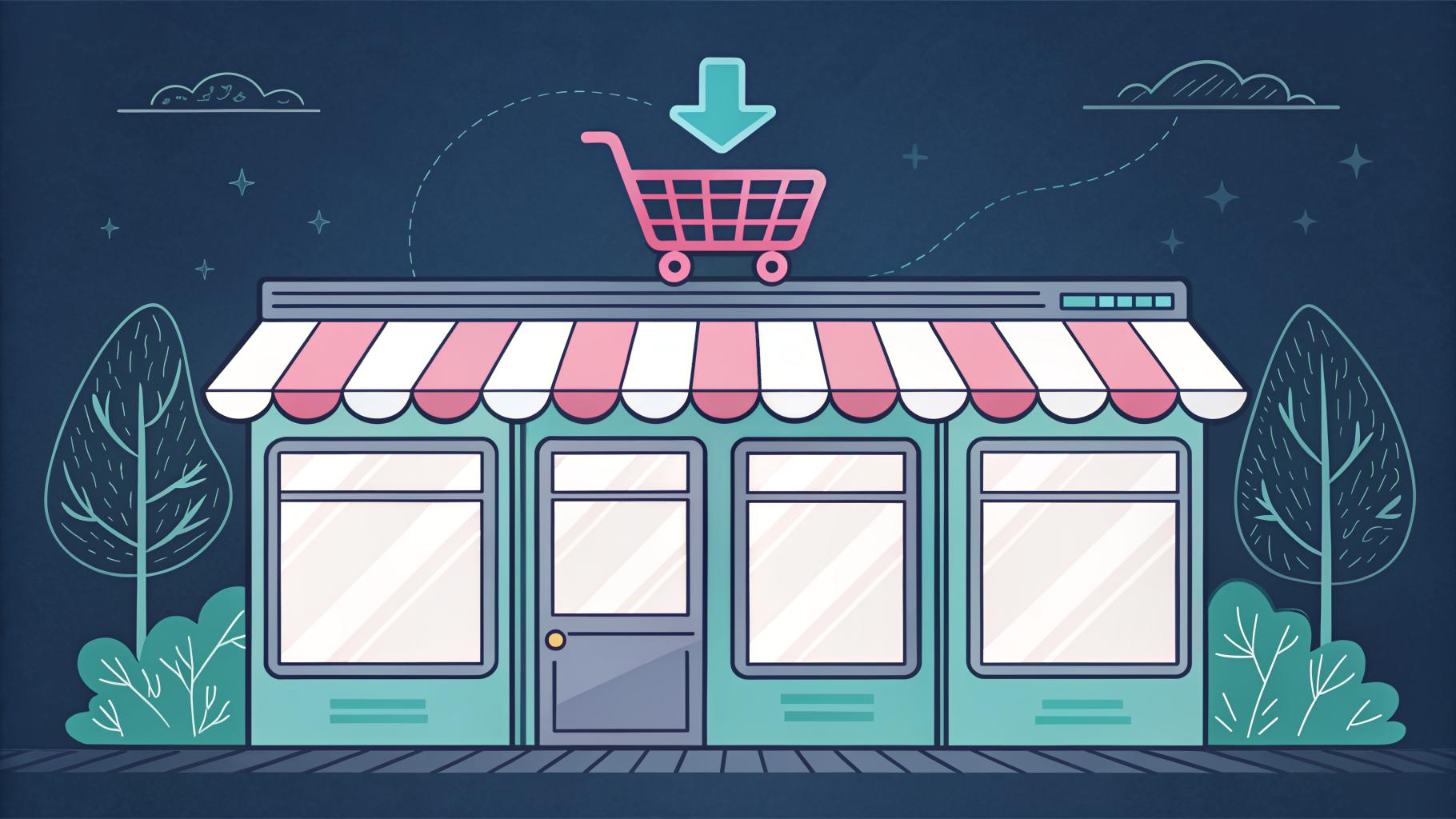 Illustration of an online storefront with a striped awning and a shopping cart above it