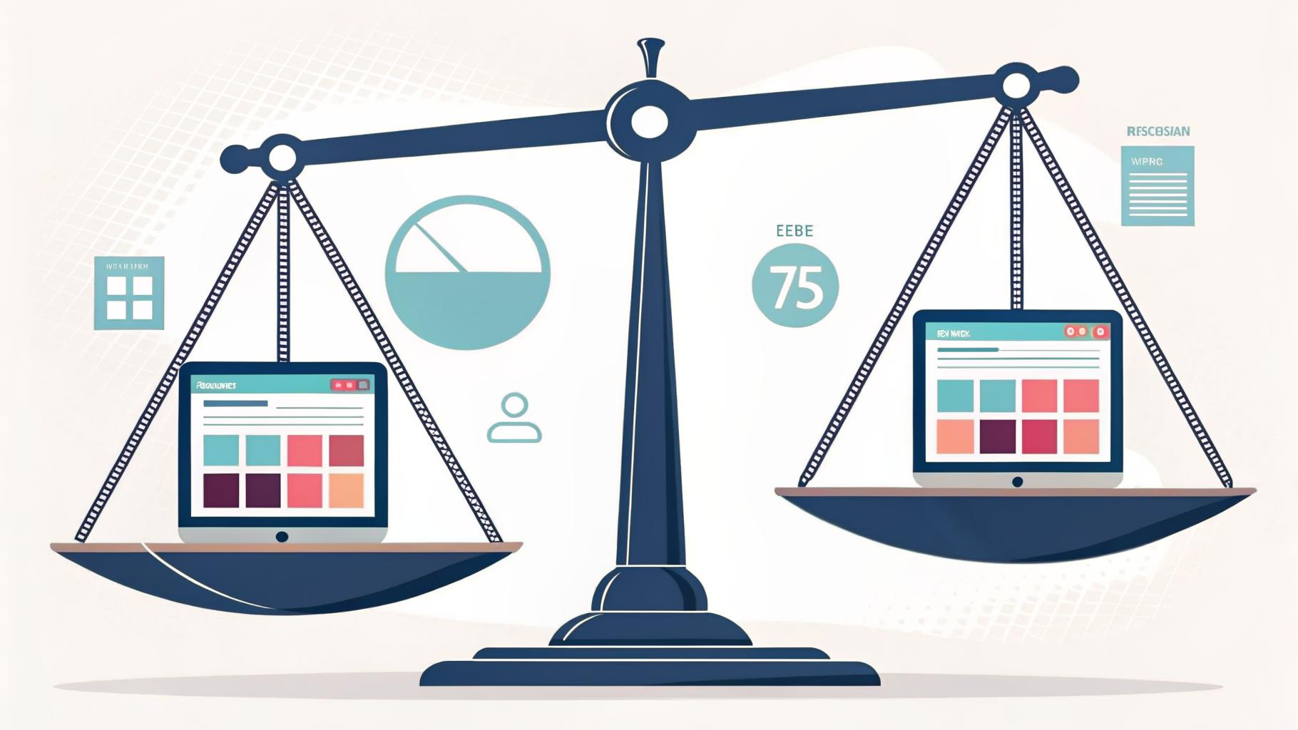 Illustration comparing two website-building platforms on a balance scale