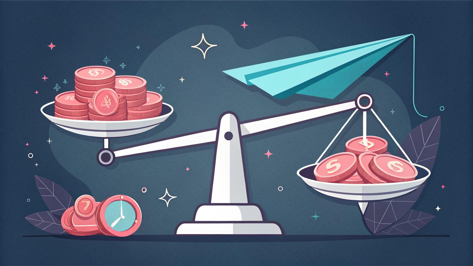 Illustration of a balance scale weighing stacks of coins against a paper plane