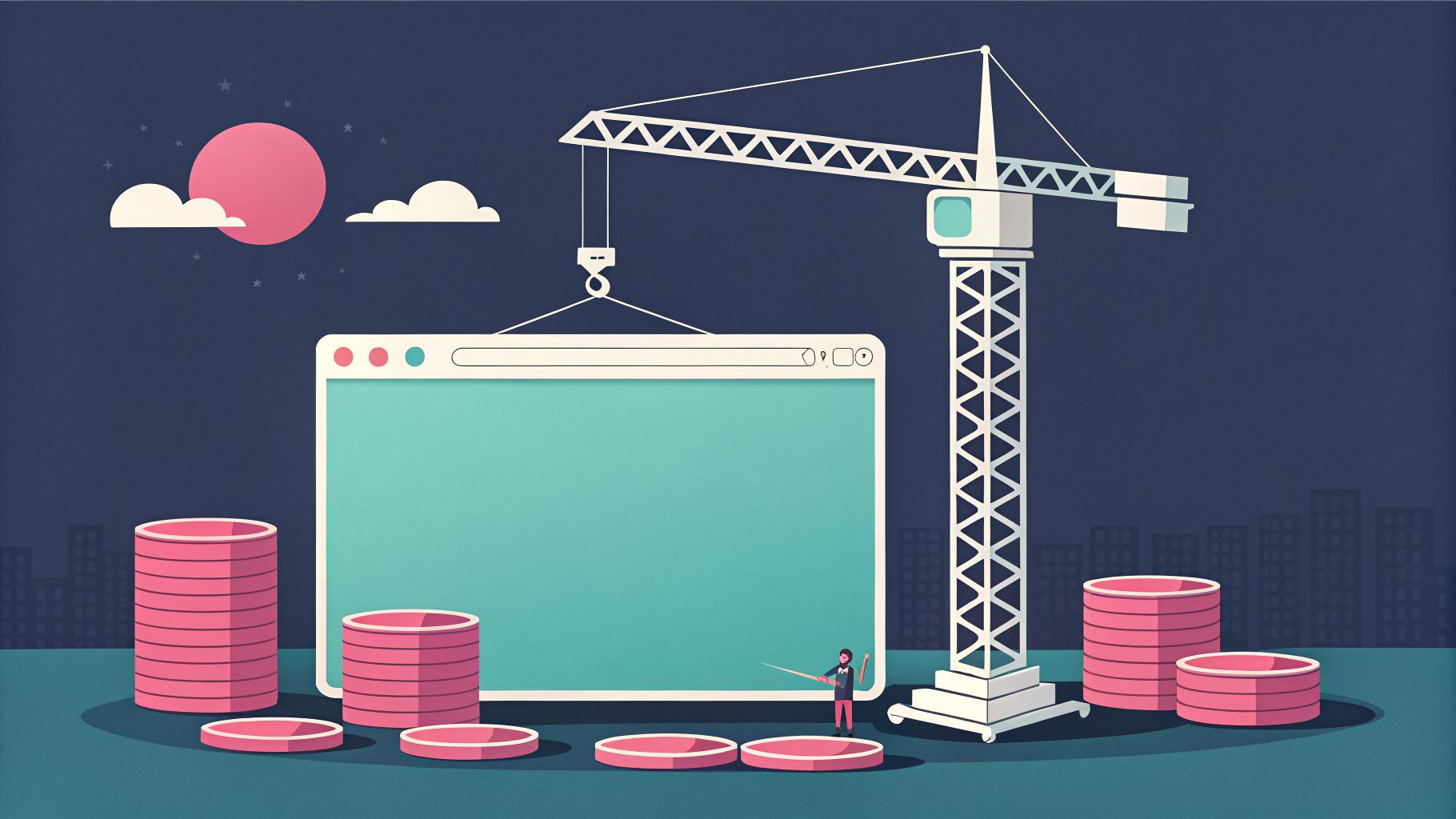 Illustration of a crane assembling a website browser window beside stacks of coins