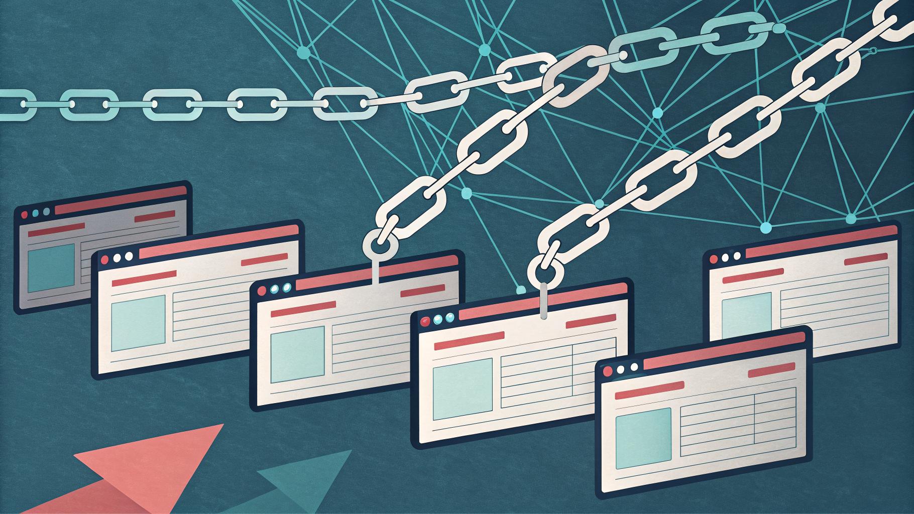 Illustration of browser windows connected by chain links, converging on one rising website