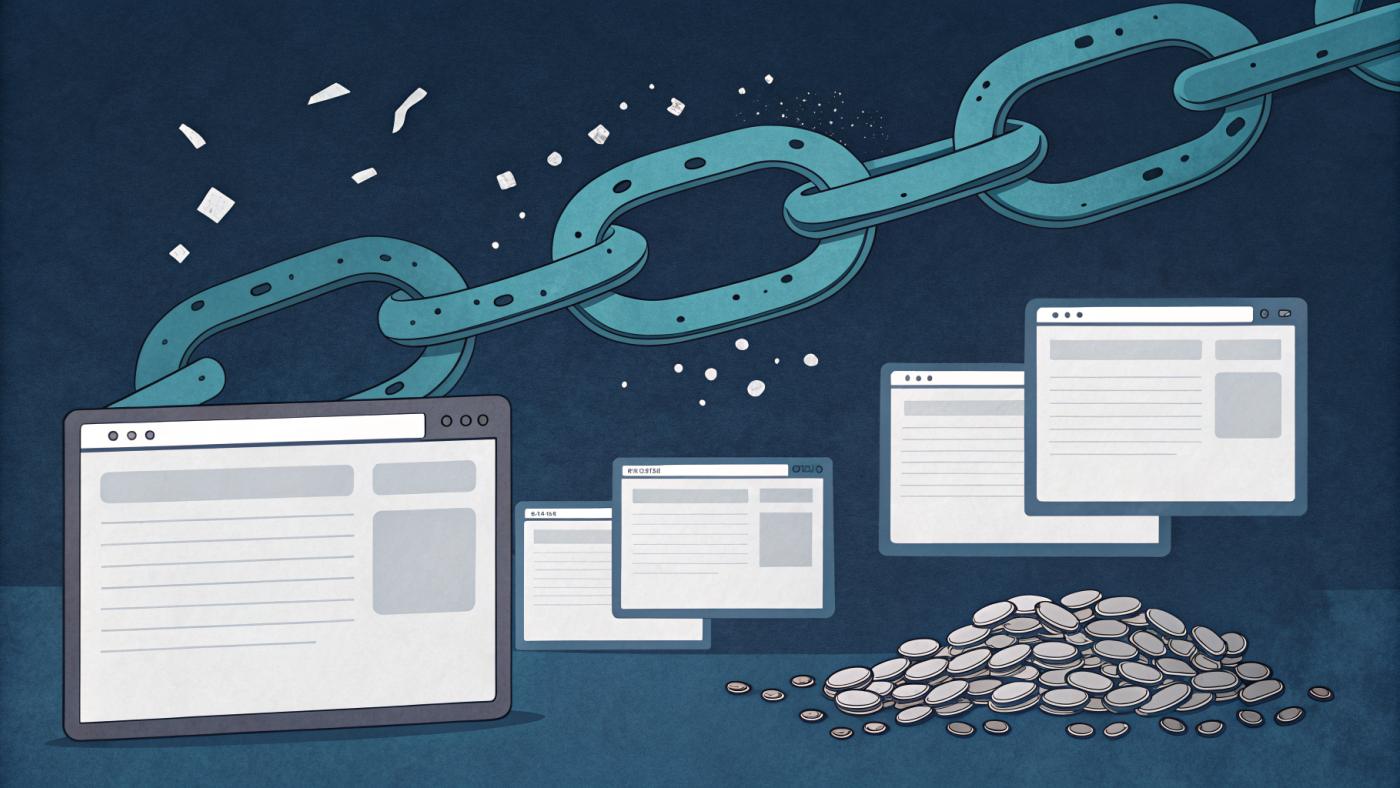Illustration of a strong chain linking two websites above a pile of broken grey links — quality versus junk backlinks