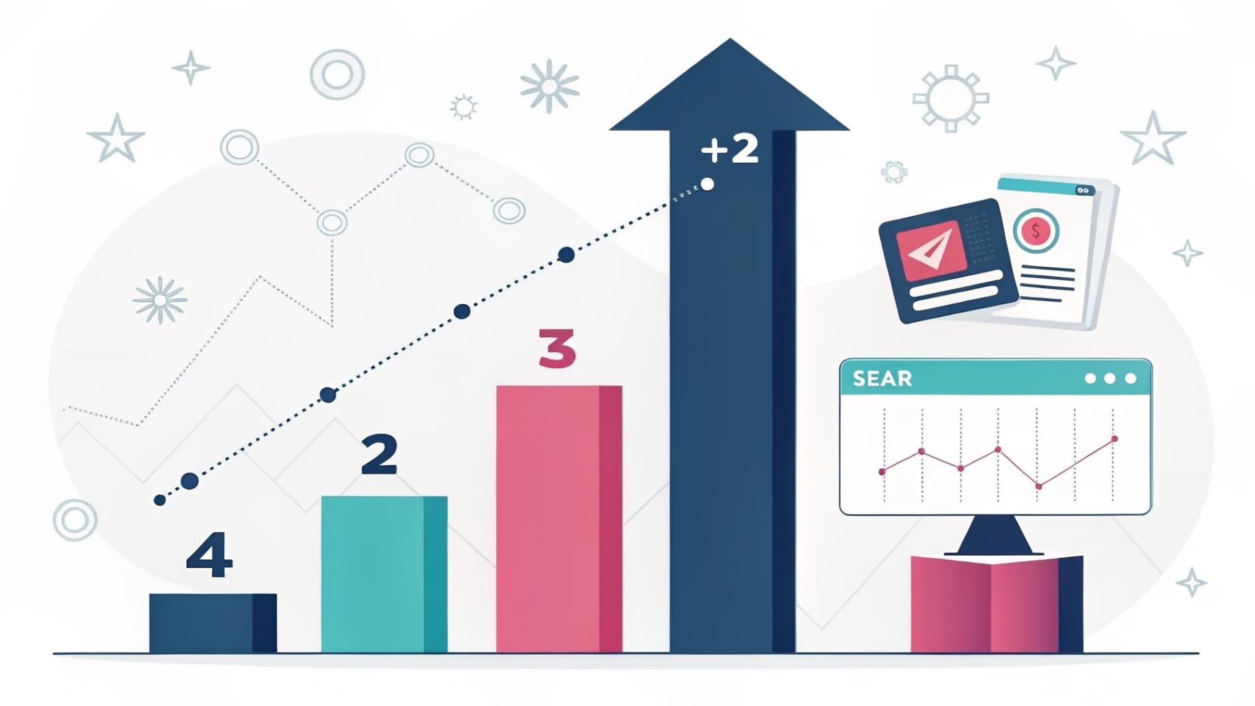 Illustration of a website climbing search rankings, shown as rising bars and an upward arrow