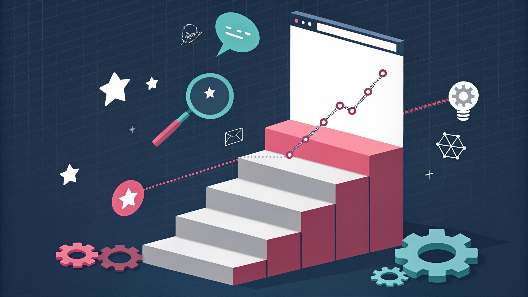 Illustration of a rising graph climbing podium steps towards a browser window, surrounded by search and gear icons