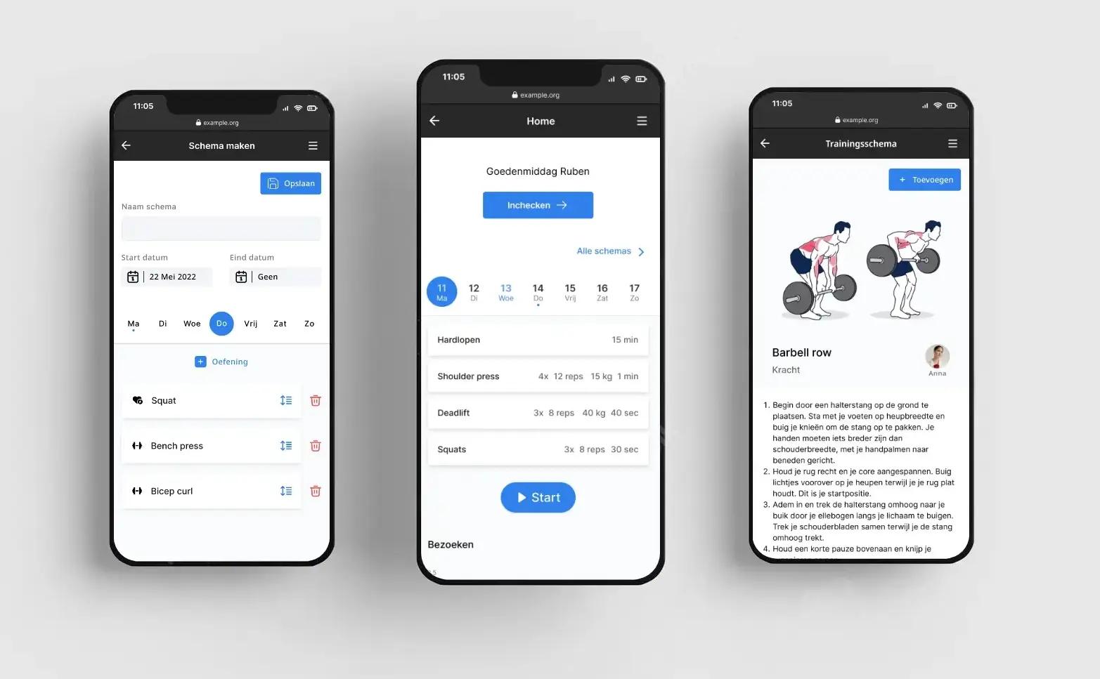 Mockup van een een sportschool applicatie