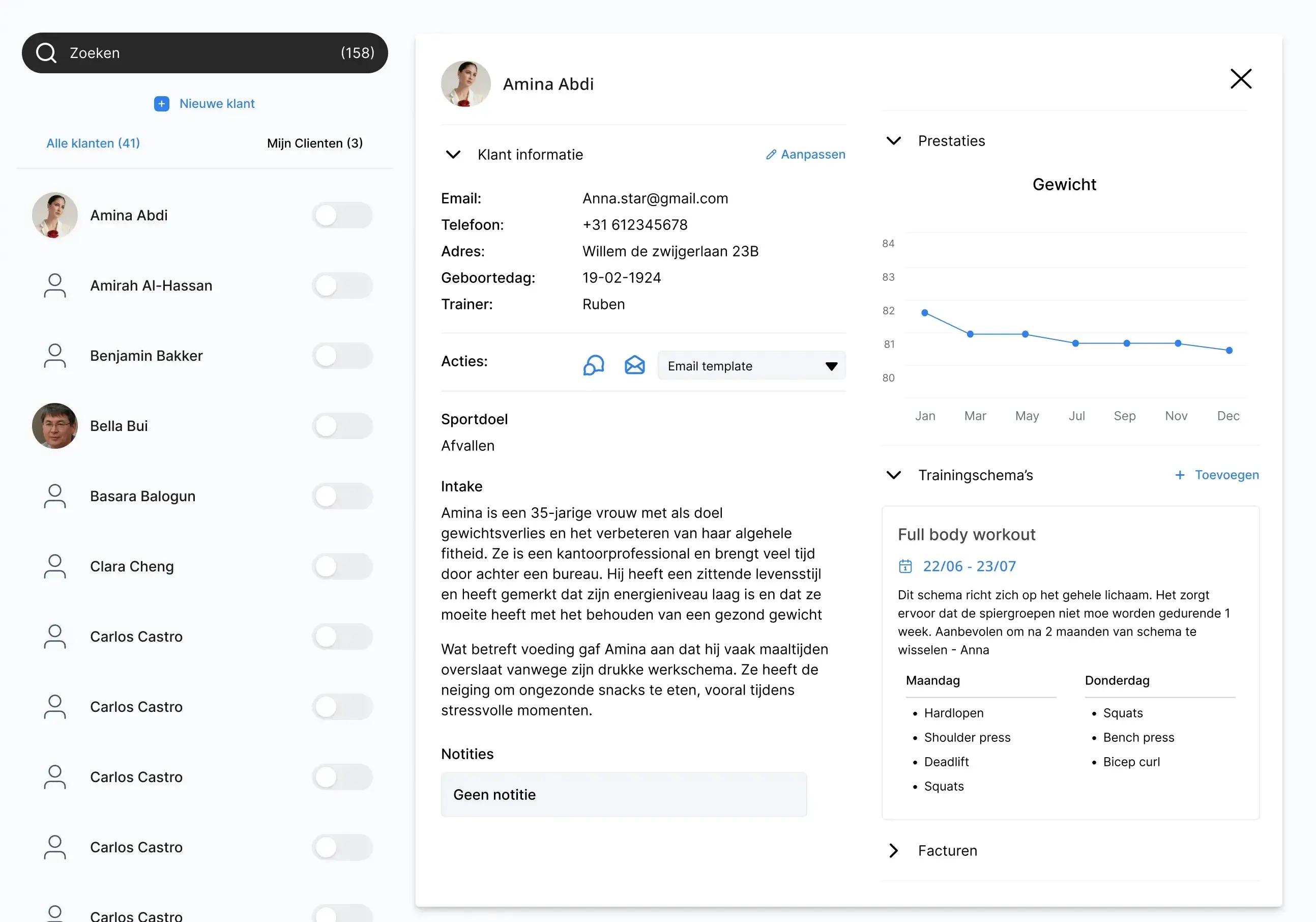 Screenshot van een sportschool dashboard