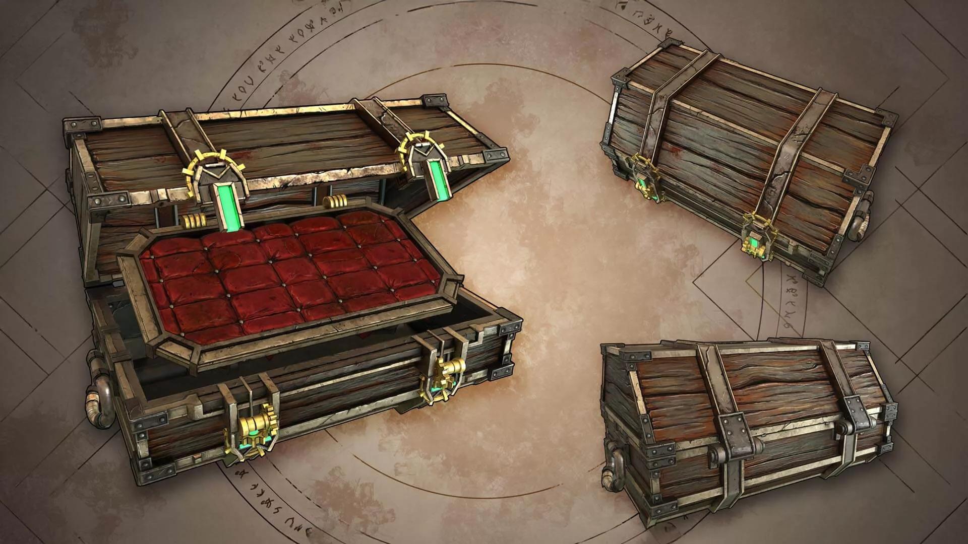Three ornate treasure chests with intricate designs and emerald inlays, displayed in various positions on a parchment background with ancient runes.