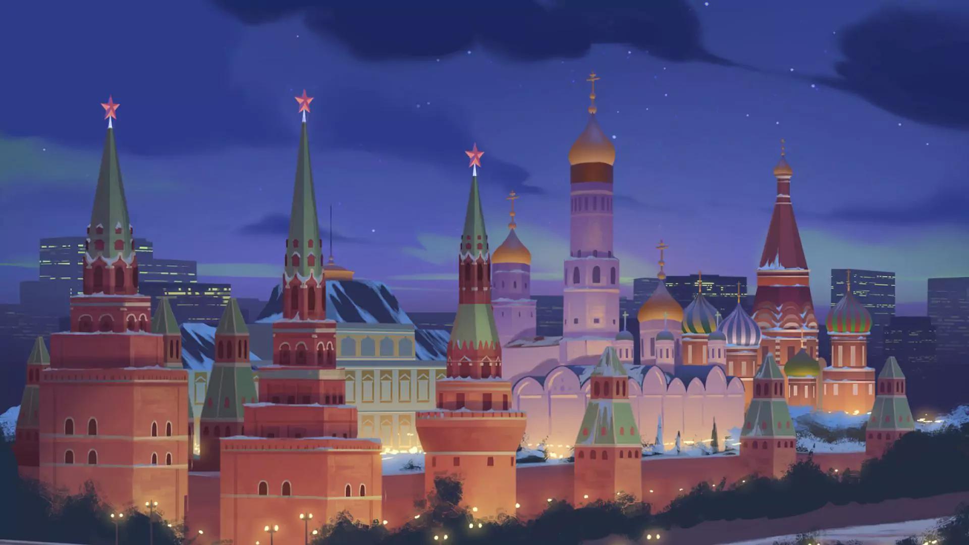 Cityscape with illuminated buildings and towers under a night sky.