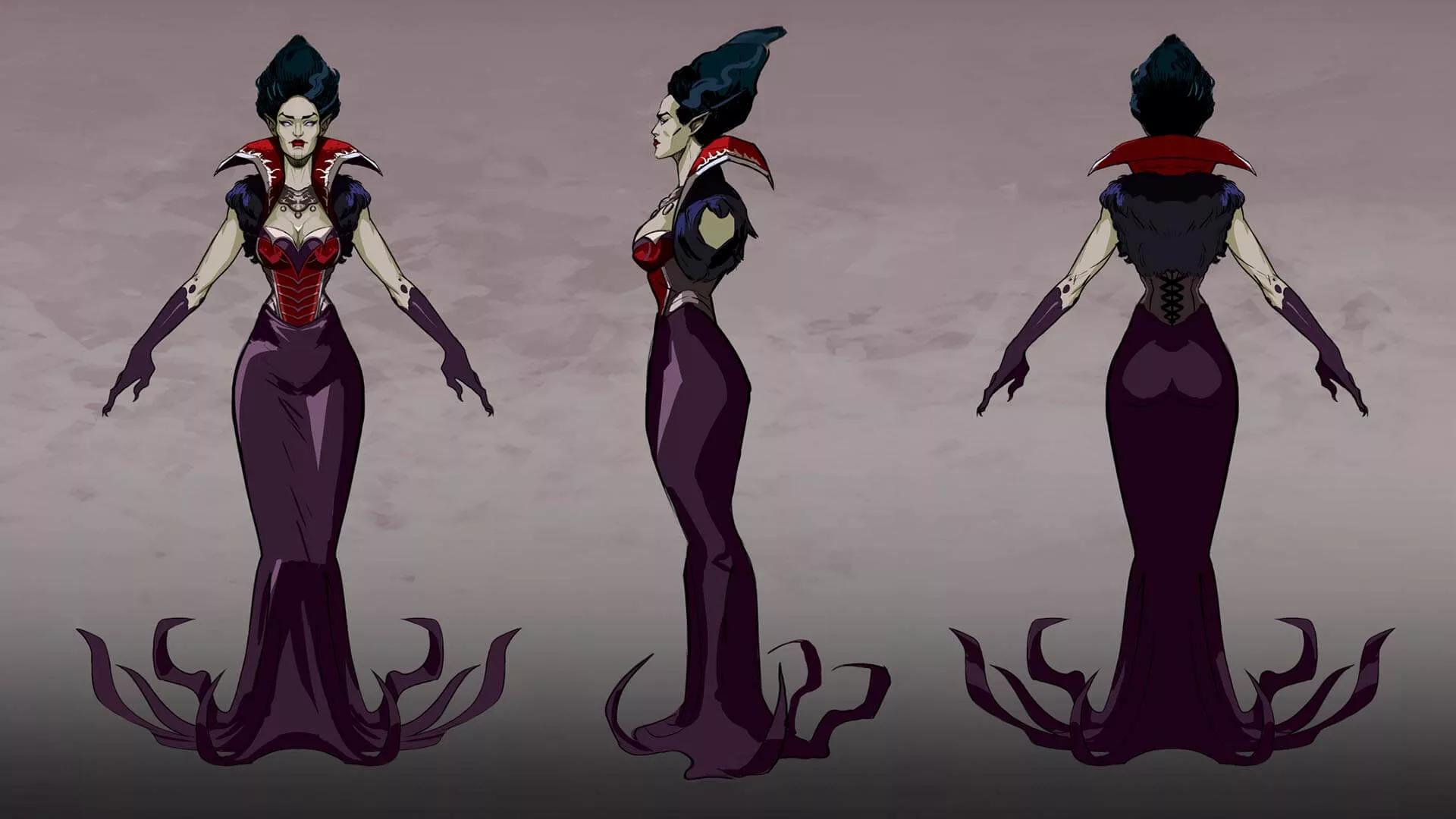 3D render of a vampire lady in full dress with detailed front, side, and back views