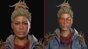 Creating World Class Game 3D Characters 2 Magic Media 3D Art, a detailed character with textured hair tied up, golden hoop earrings, and two different facial expressions: one without glasses and one with orange-tinted round glasses.