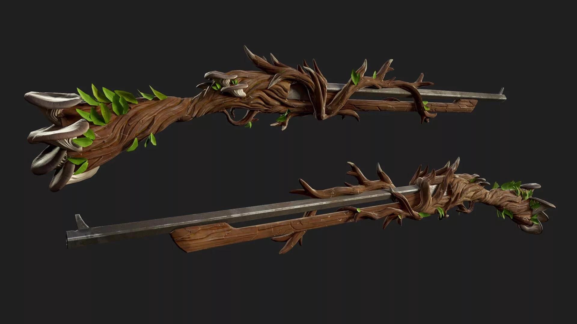 3D rendering of a fantasy weapon with organic wooden elements and green leaves, displayed against a black background