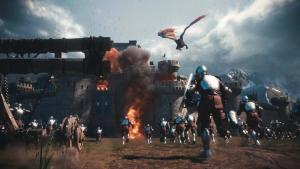 The Ultimate Guide to VFX for Gaming: From Explosions to Environments 1 Magic Media VFX, Armored knights charge a burning castle under siege, with a dragon flying overhead. A catapult in the foreground and arrows in the sky emphasize the chaotic medieval battle.