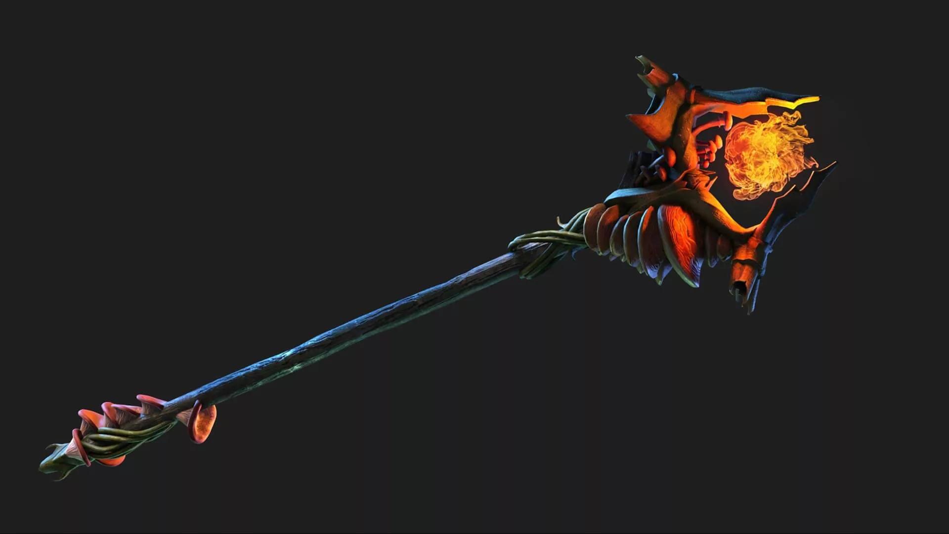 3D rendering of a fantasy staff with a fiery orb and organic elements, displayed against a black background
